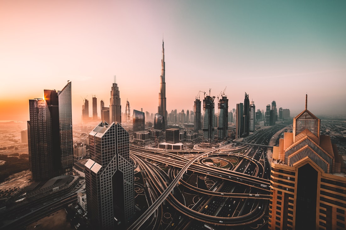 The Dubai skyline at sunrise